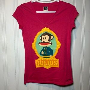 Paul Frank Hot Pink V-Neck Tee Short Sleeve Fun Large Graphic Monkey Julius